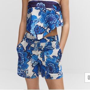 Blue Floral High-Waisted Shorts